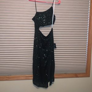 Lulu’s Shining Moment Green Sequin Asymmetrical Cutout Midi Dress